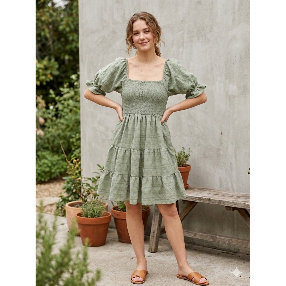 Free For All Sage Green Smocked Tiered Mini Dress Puff Sleeve Cottagecore Boho L